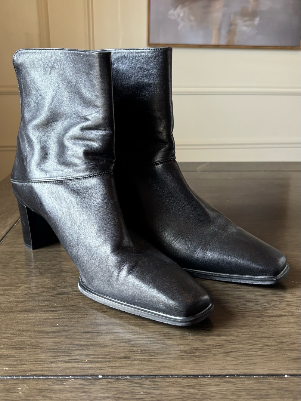 Stuart Weitzman Black Leather Mid-Calf Block Heel Boots